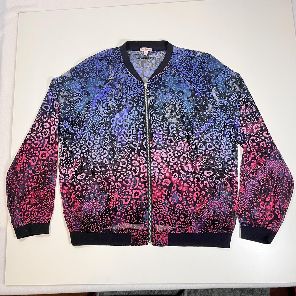 Juicy Couture Jacket Womens XL Blue Pink Ombre Leopard Print Sheer Zip Bomber